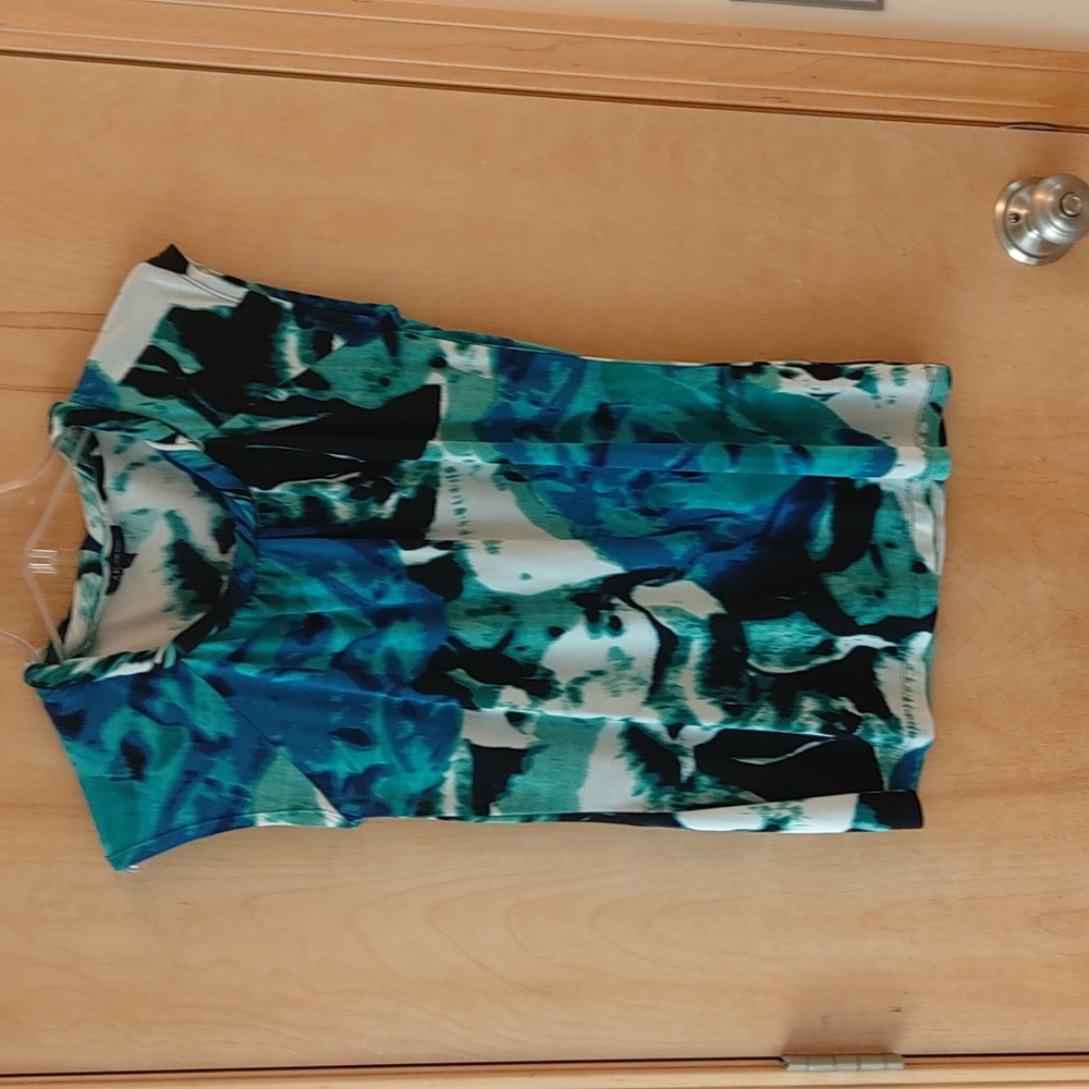 Anne Klein Green Teal Blue Abstract Cap-Sleeve Blouse